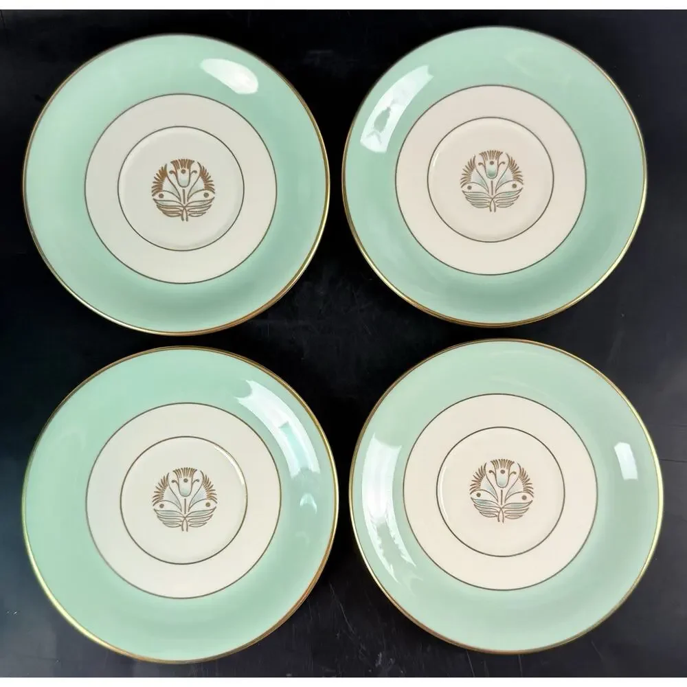 Pickard China Malvern 1005 Bread Plates Set 4 Green Gold Trim USA 1950s Vintage - Picture 2 of 9